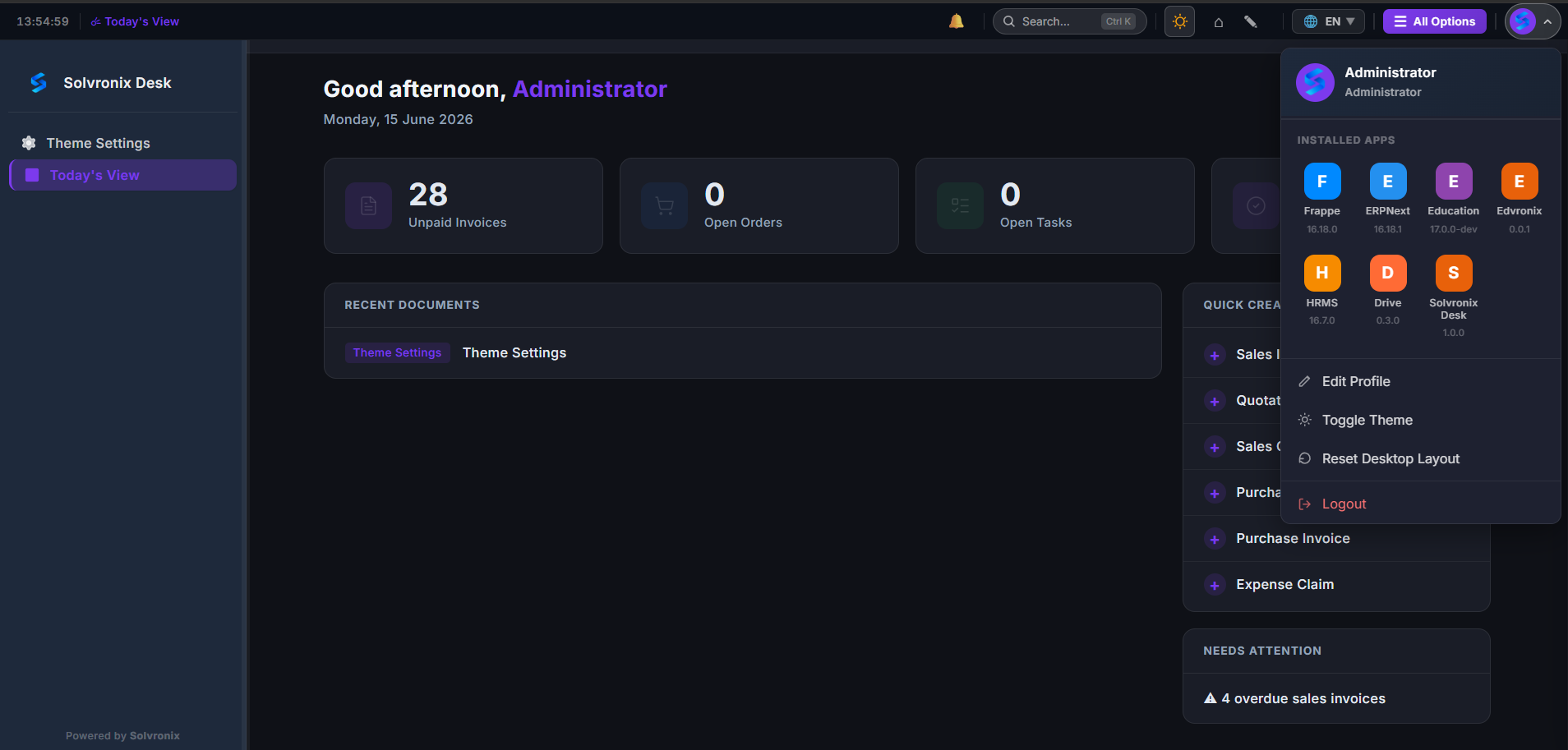 Toggling Dark Mode via the user menu